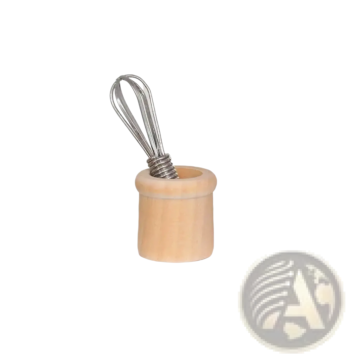 Miniature dollhouse kitchen utensil set featuring a wooden whisk holder with a silver metal wire whisk inside