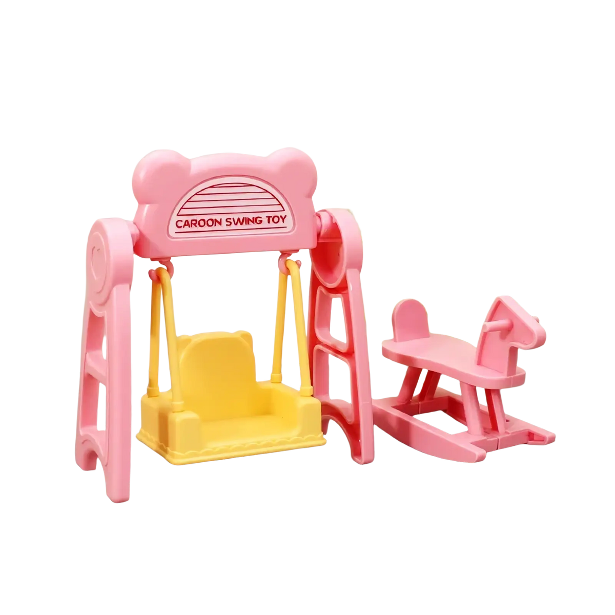Miniature dollhouse swing and rocking horse set featuring a pink plastic carousel swing with yellow seat and pink rocking horse