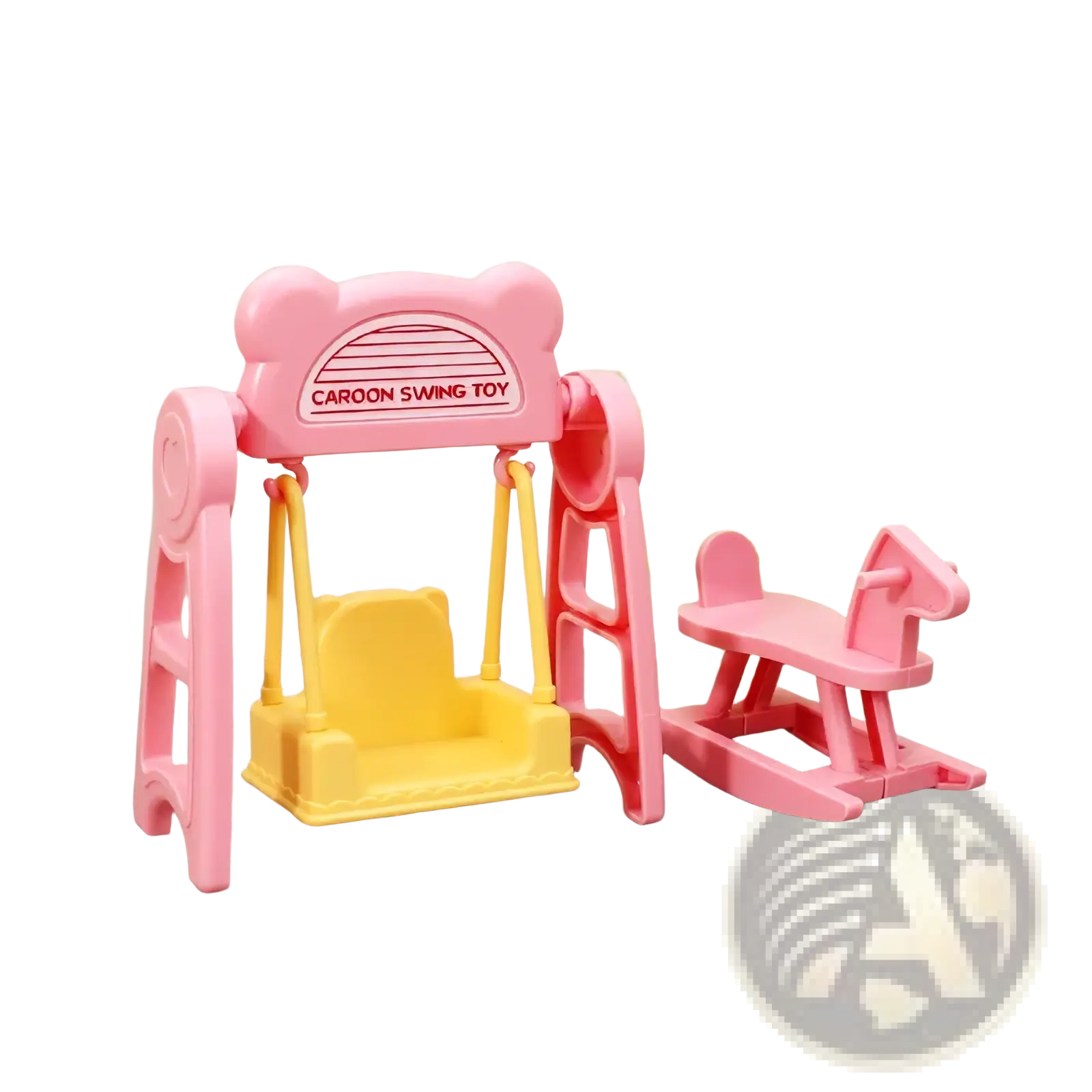 Miniature dollhouse swing and rocking horse set featuring a pink plastic carousel swing with yellow seat and pink rocking horse