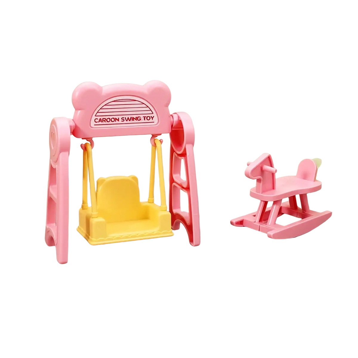 Miniature dollhouse swing with pink and yellow colors and a bear-shaped frame for children’s playsets