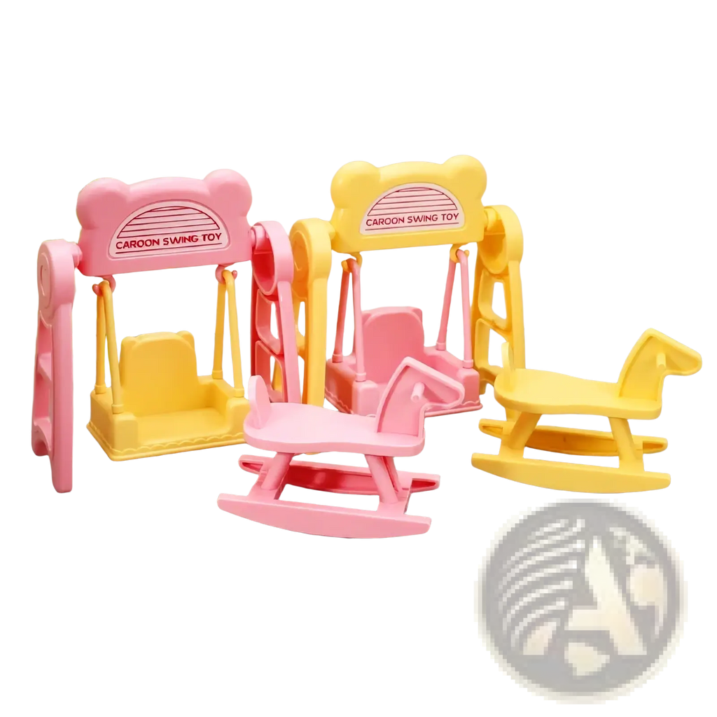 Miniature dollhouse swing and rocking horse set in pink and yellow plastic with bear-shaped arches for children