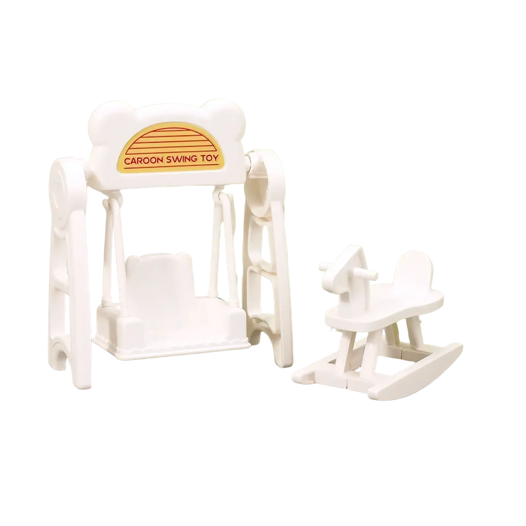 Miniature dollhouse white plastic cartoon swing toy with bear-shaped frame and orange caroon swing toy label