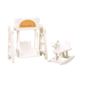 Miniature dollhouse white plastic cartoon swing toy with bear-shaped frame and orange caroon swing toy label