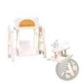 Miniature dollhouse white plastic cartoon swing toy with bear-shaped frame and orange caroon swing toy label