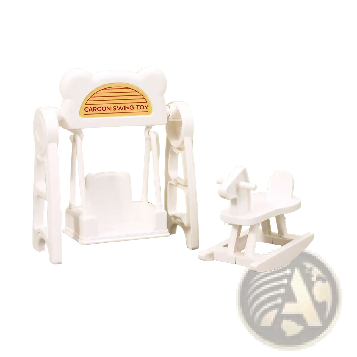 Miniature dollhouse white plastic cartoon swing toy with bear-shaped frame and orange caroon swing toy label