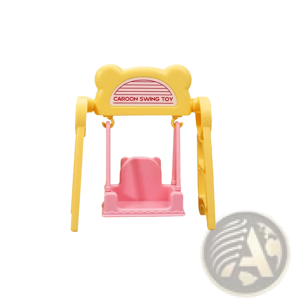 Yellow and pink plastic miniature dollhouse swing toy with a bear-shaped frame for children’s playsets