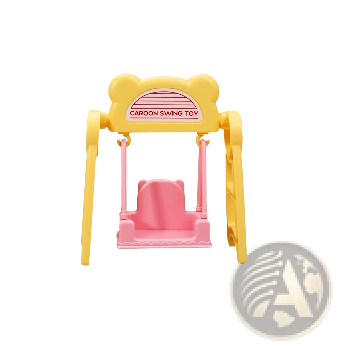 Yellow and pink plastic miniature dollhouse swing toy with a bear-shaped frame for children’s playsets