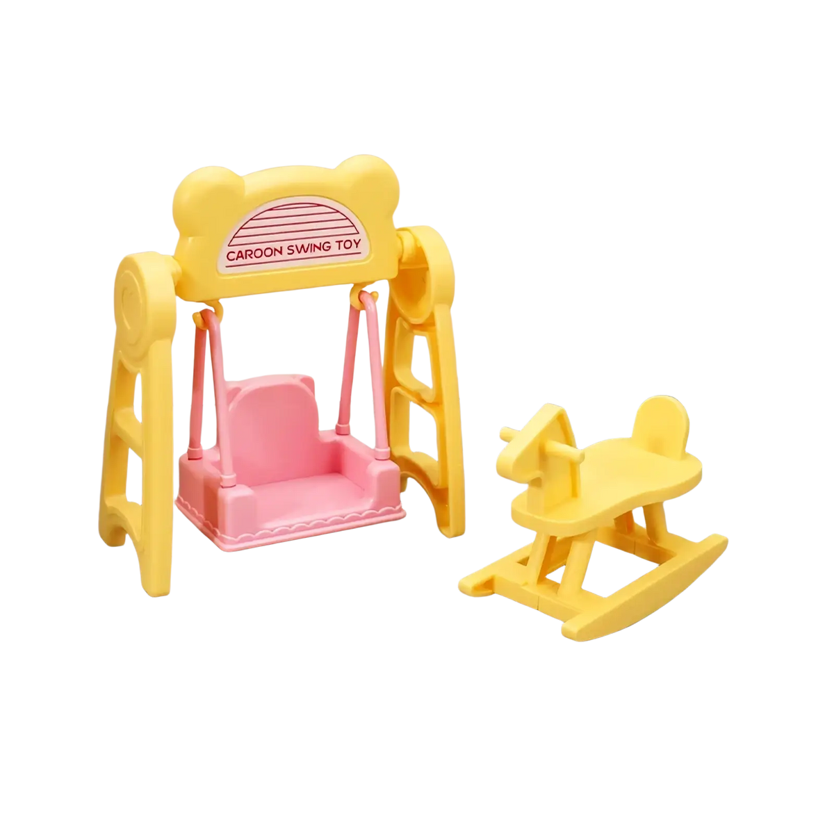 Yellow plastic miniature dollhouse swing toy with pink seat and bear-shaped frame for doll play sets