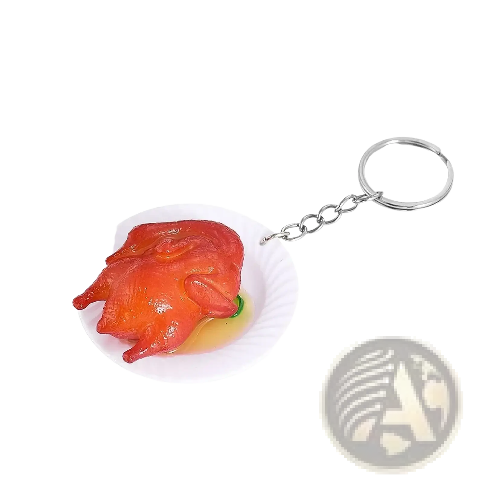 A glossy red roasted chicken miniature food keychain on a white paper plate attached to a silver chain