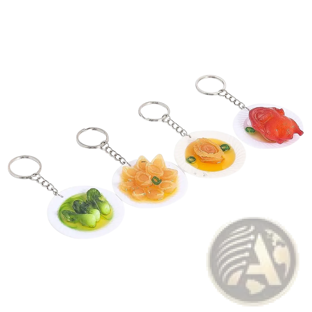 Miniature food keychain simulation dish key ring featuring realistic bok choy in broth and roasted duck designs