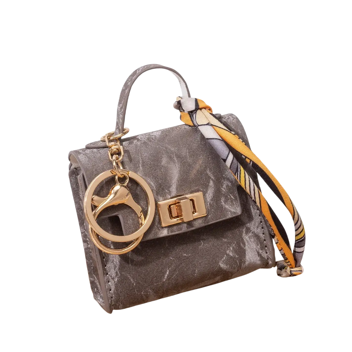 Gray textured miniature handbag keychain with gold-tone hardware and colorful striped silk scarf strap