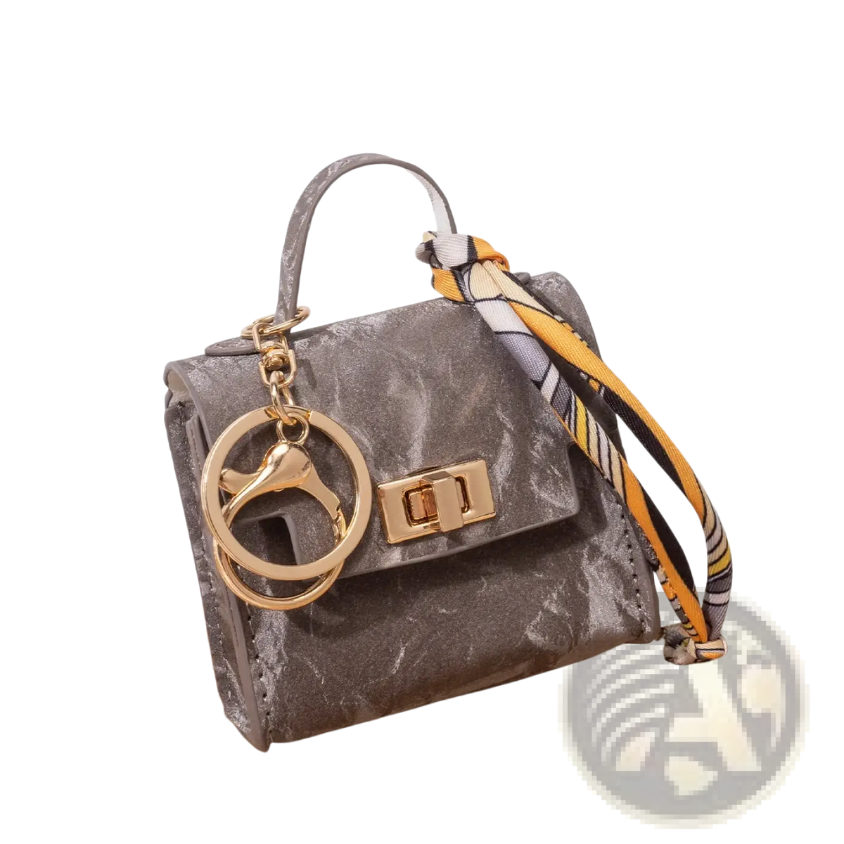 Gray textured miniature handbag keychain with gold-tone hardware and colorful striped silk scarf strap