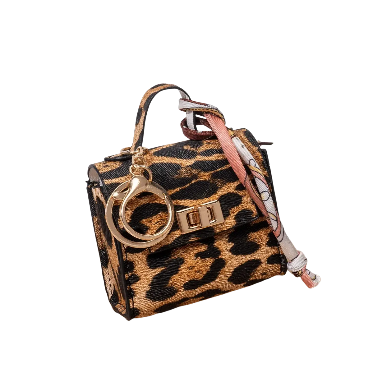 Miniature leopard print handbag keychain with gold tone hardware and silk scarf accessory for stylish use