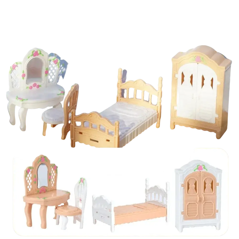 Brown plastic dollhouse bedroom set with bed vanity mirror chair stool and wardrobe in miniature pink dollhouse kitchen furniture set