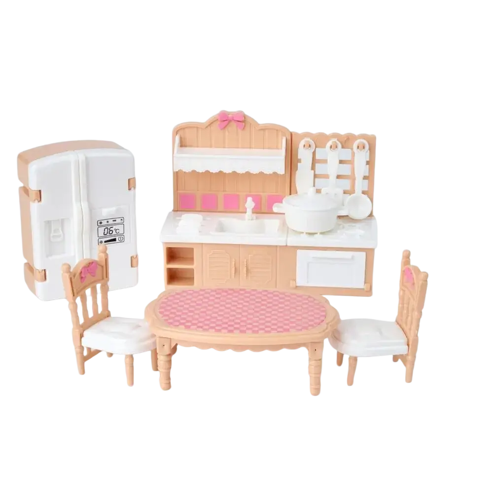 Miniature pink dollhouse kitchen furniture set featuring brown plastic kitchen with pink accents and white appliances