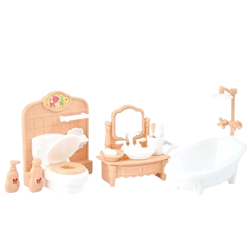 Miniature pink dollhouse kitchen furniture set featuring brown plastic bathroom set with white toilet sink vanity and bathtub