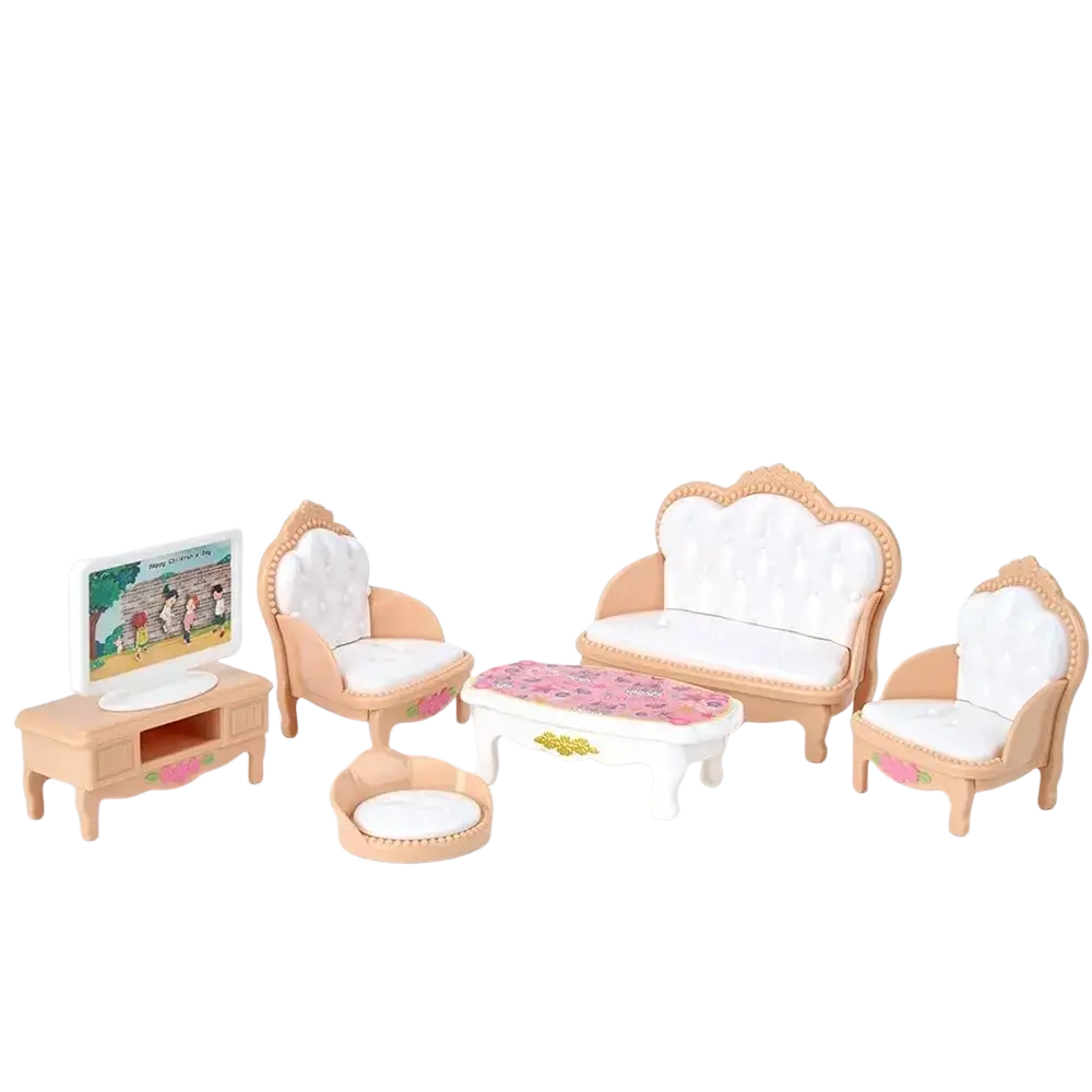 Miniature pink dollhouse kitchen furniture set featuring brown plastic living room set with white upholstery and pink floral accents