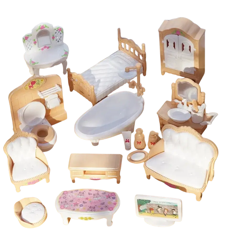 Brown wooden miniature kitchen furniture set with white upholstered pieces and floral accents for pink dollhouse