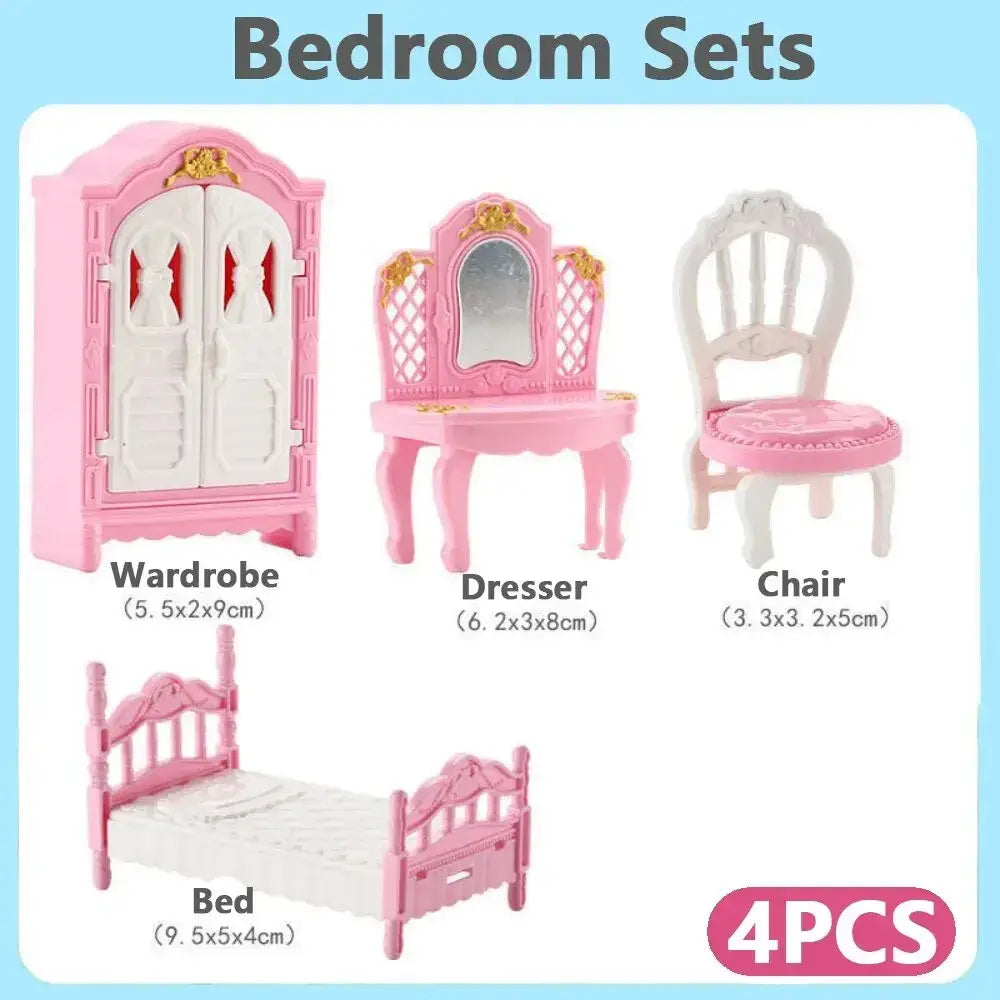 Miniature pink plastic dollhouse kitchen furniture set with white accents including wardrobe dresser chair and bed