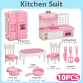 Miniature pink plastic dollhouse kitchen furniture set with white accents and small appliances for play use
