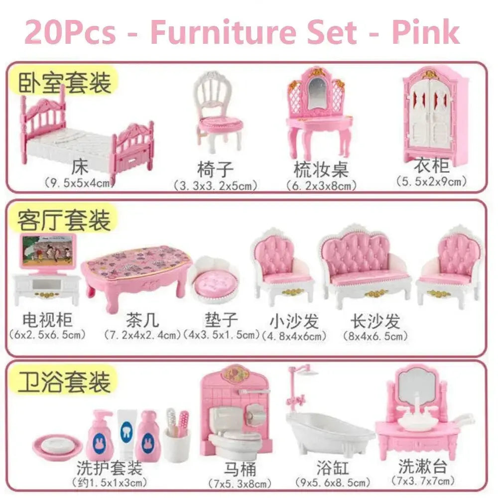 Miniature pink plastic dollhouse kitchen furniture set featuring detailed miniature kitchen accessories for dollhouses