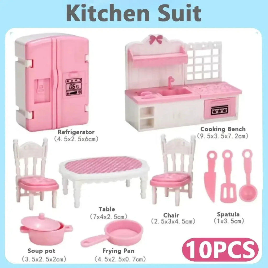 Miniature pink plastic dollhouse kitchen furniture set with white accents and small appliances for play use