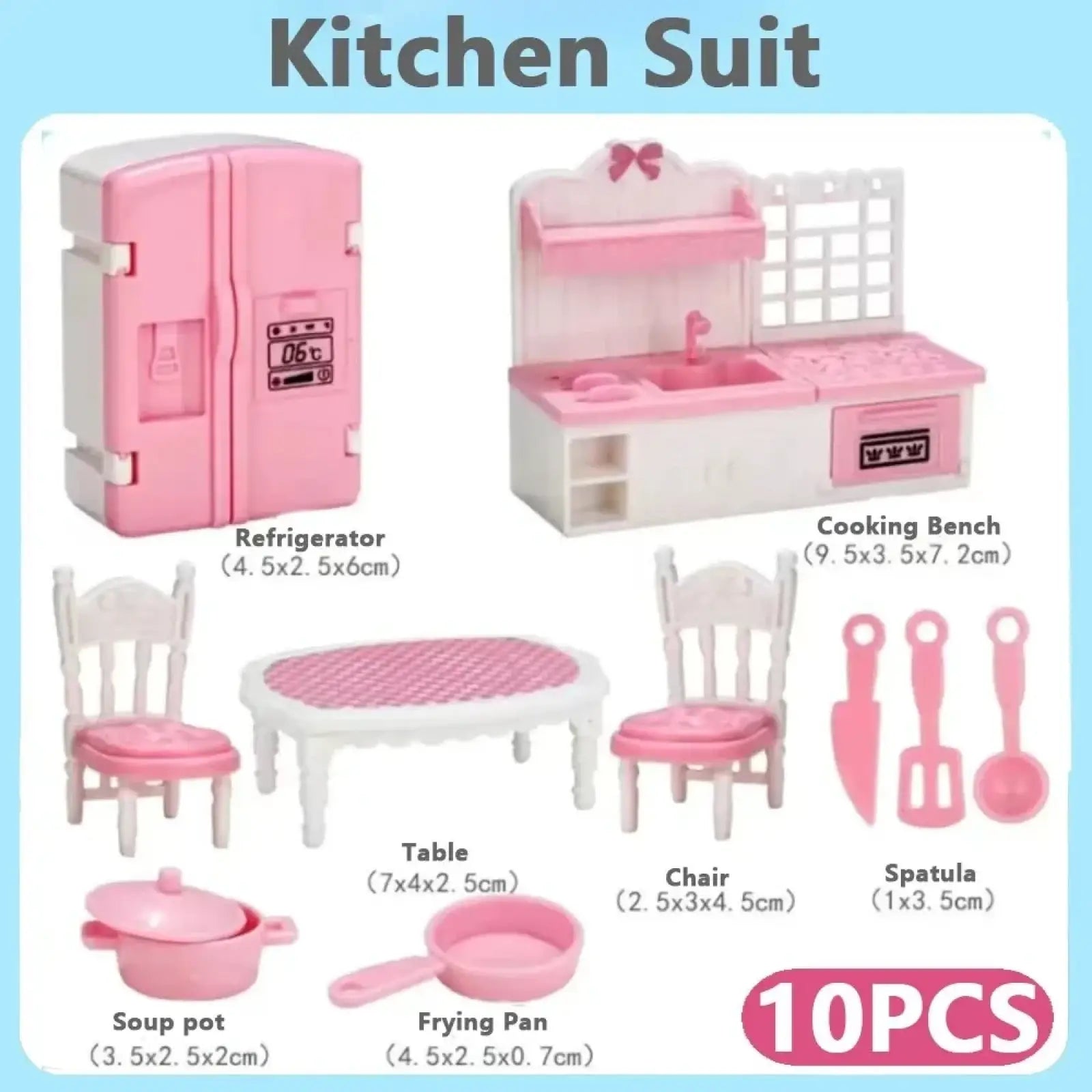 Miniature pink plastic dollhouse kitchen furniture set with white accents and small appliances for play use