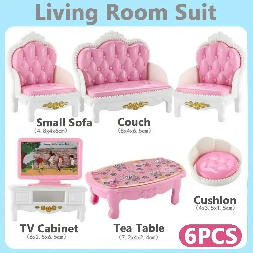Miniature pink dollhouse kitchen furniture set featuring a tufted pink sofa with white ornate frames and gold accents