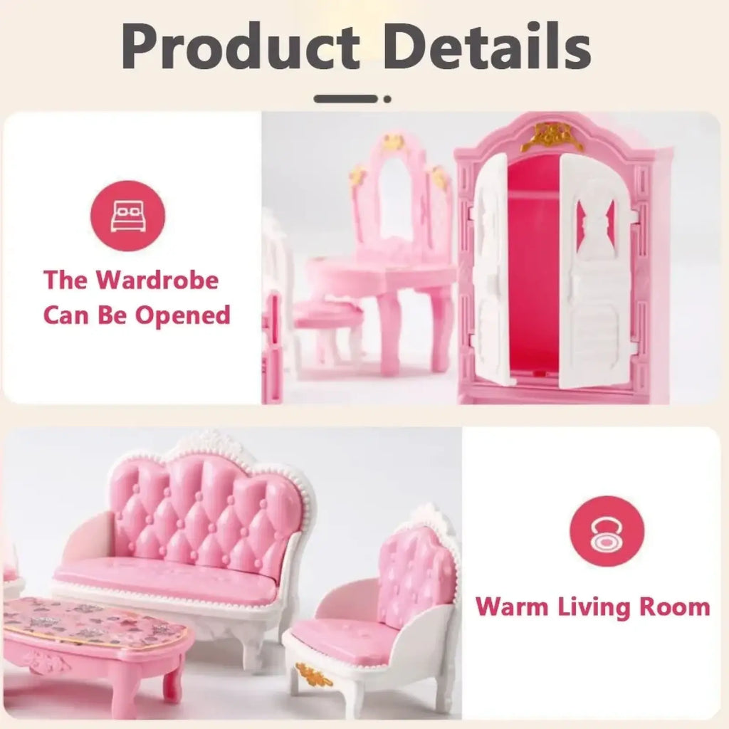 Miniature pink and white plastic dollhouse kitchen furniture set with tufted upholstery and gold accents