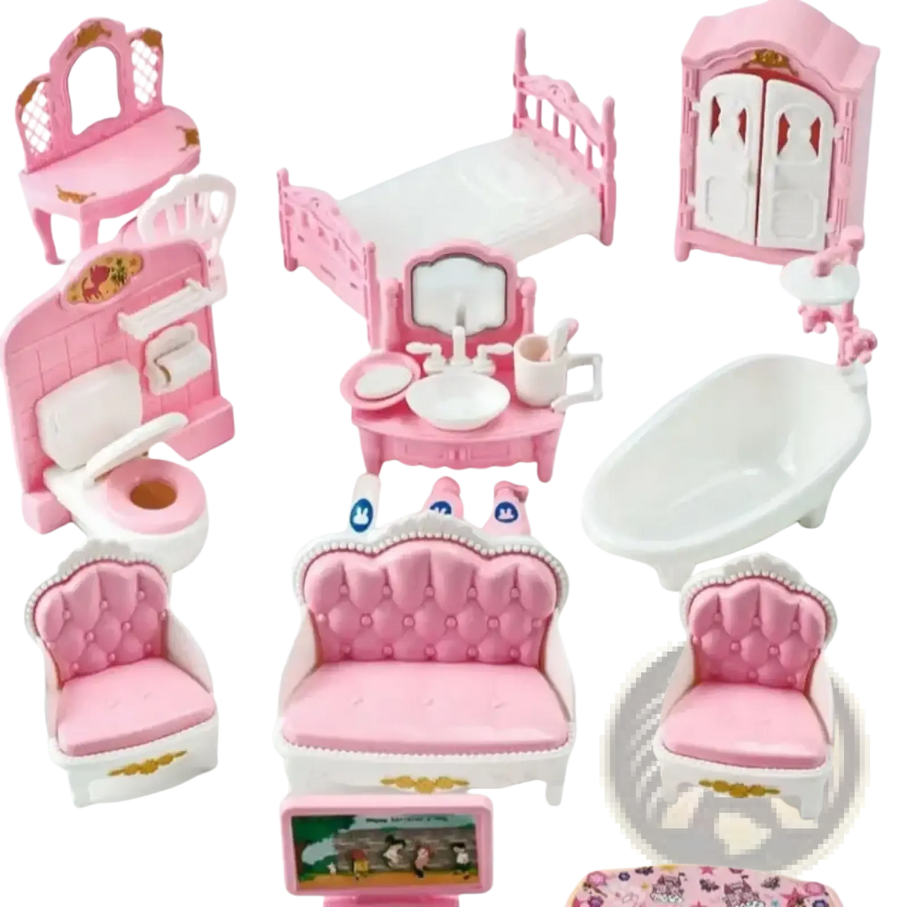 Miniature pink and white plastic dollhouse kitchen furniture set with tufted upholstery and ornate detailing