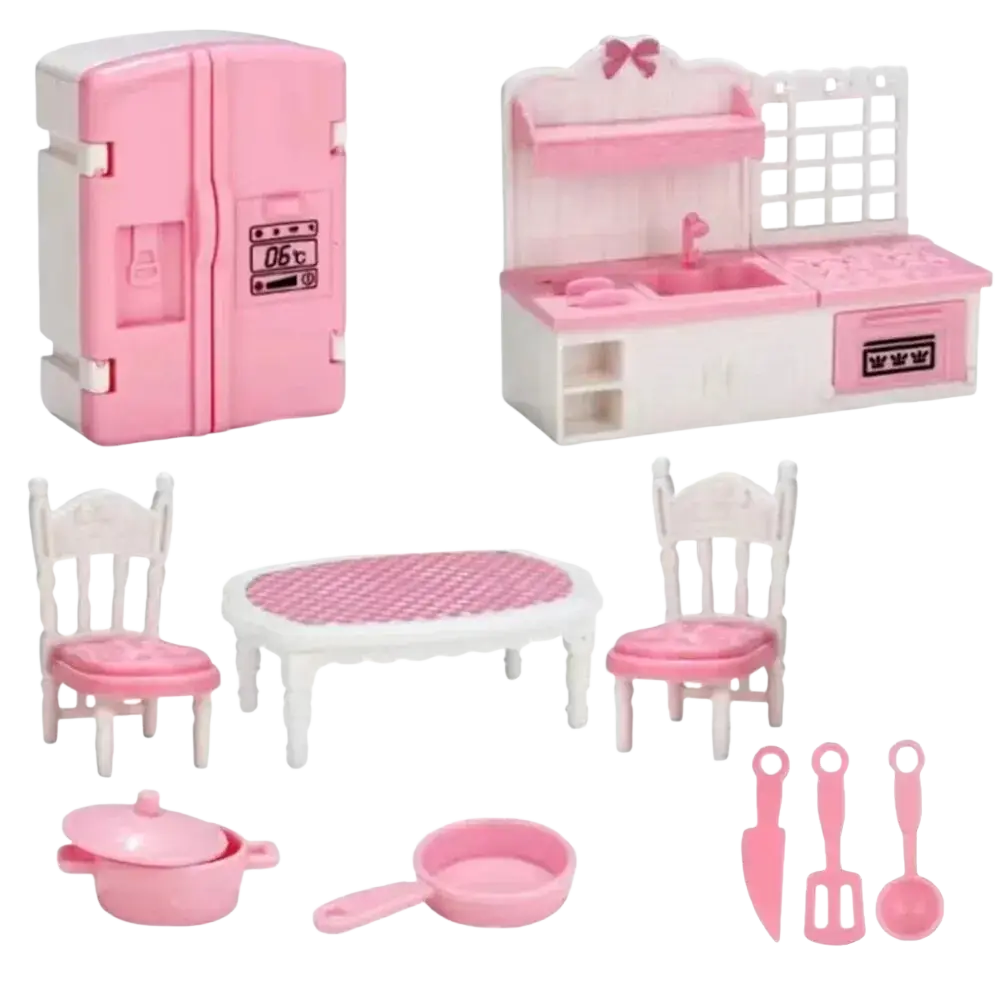 Miniature pink and white plastic dollhouse kitchen furniture set with miniature appliances utensils and furniture