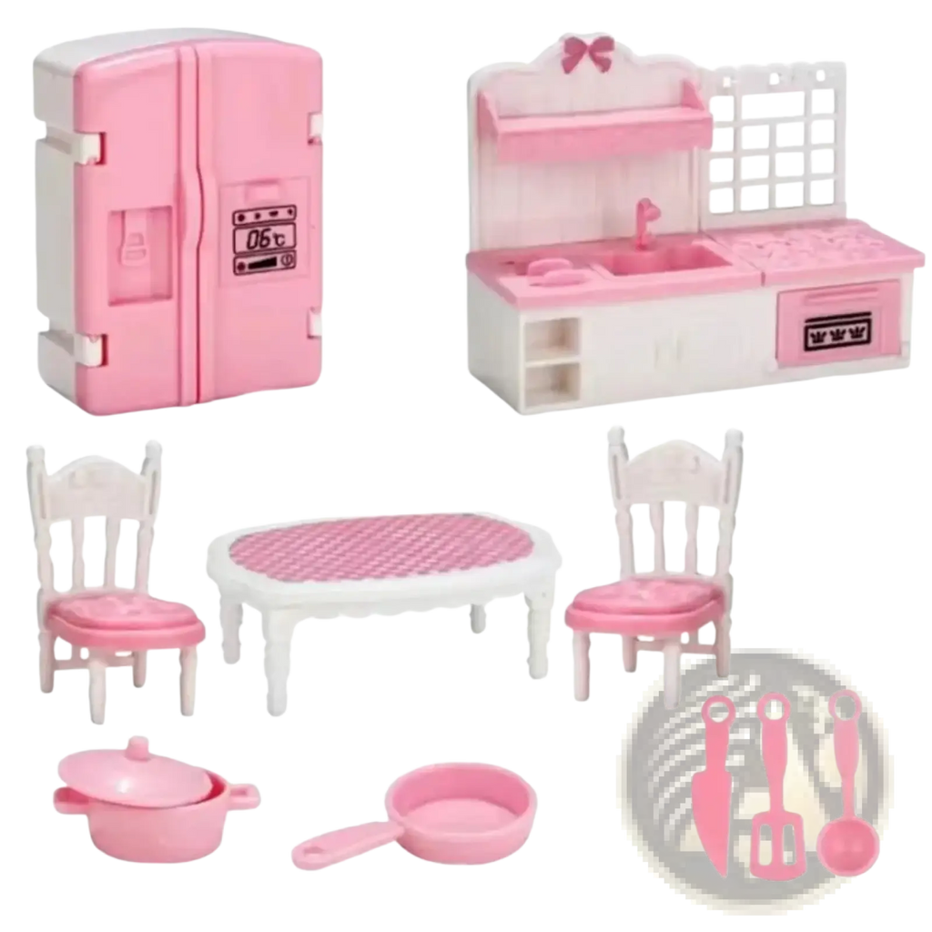 Miniature pink and white plastic dollhouse kitchen furniture set with miniature appliances utensils and furniture