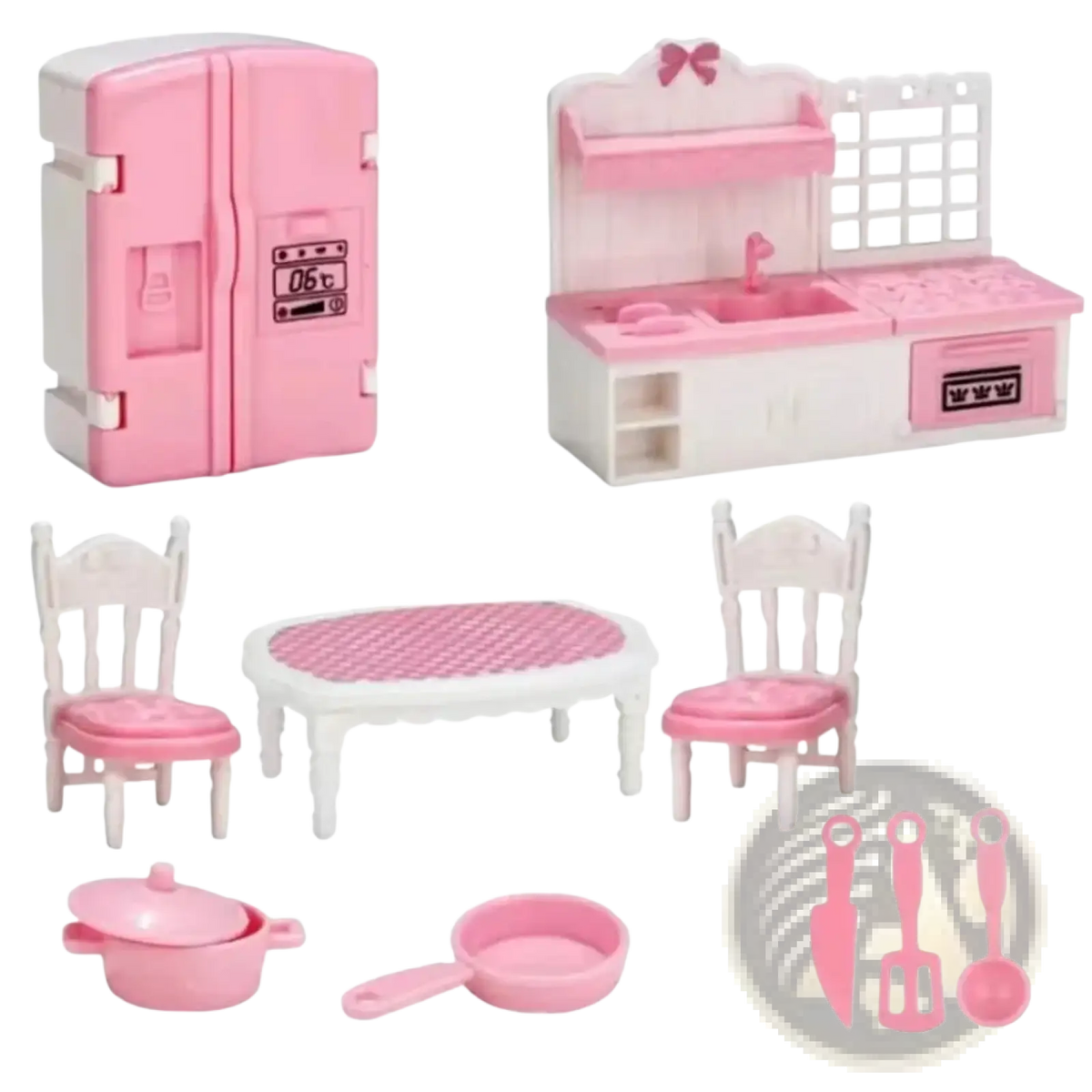 Miniature pink and white plastic dollhouse kitchen furniture set with miniature appliances utensils and furniture