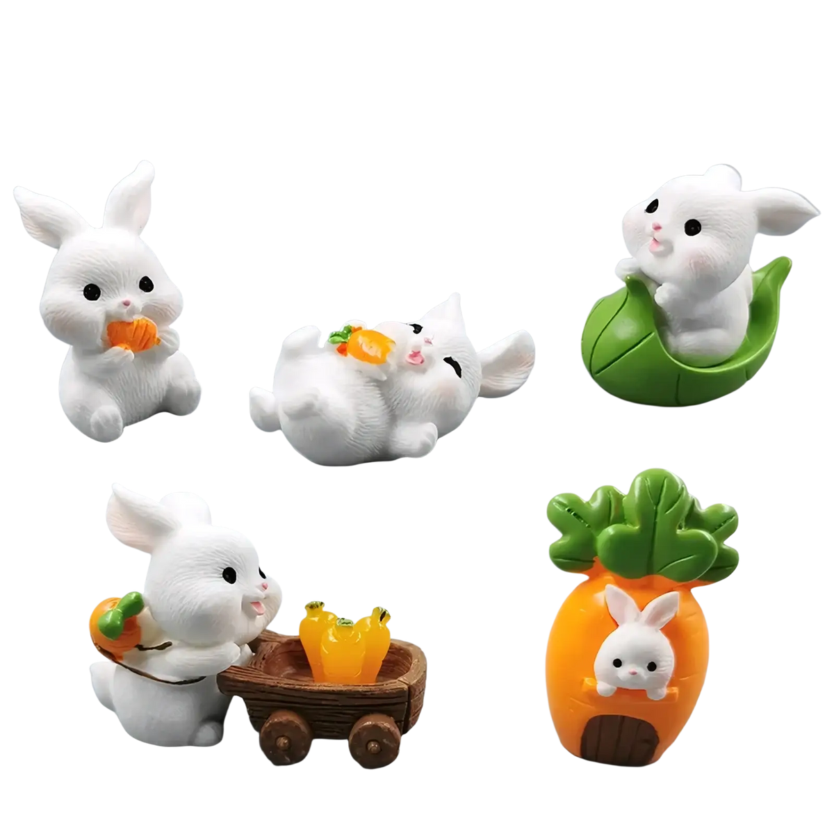 Set of eight white resin miniature rabbit figurines in various poses for fairy garden decor including leaf and cart