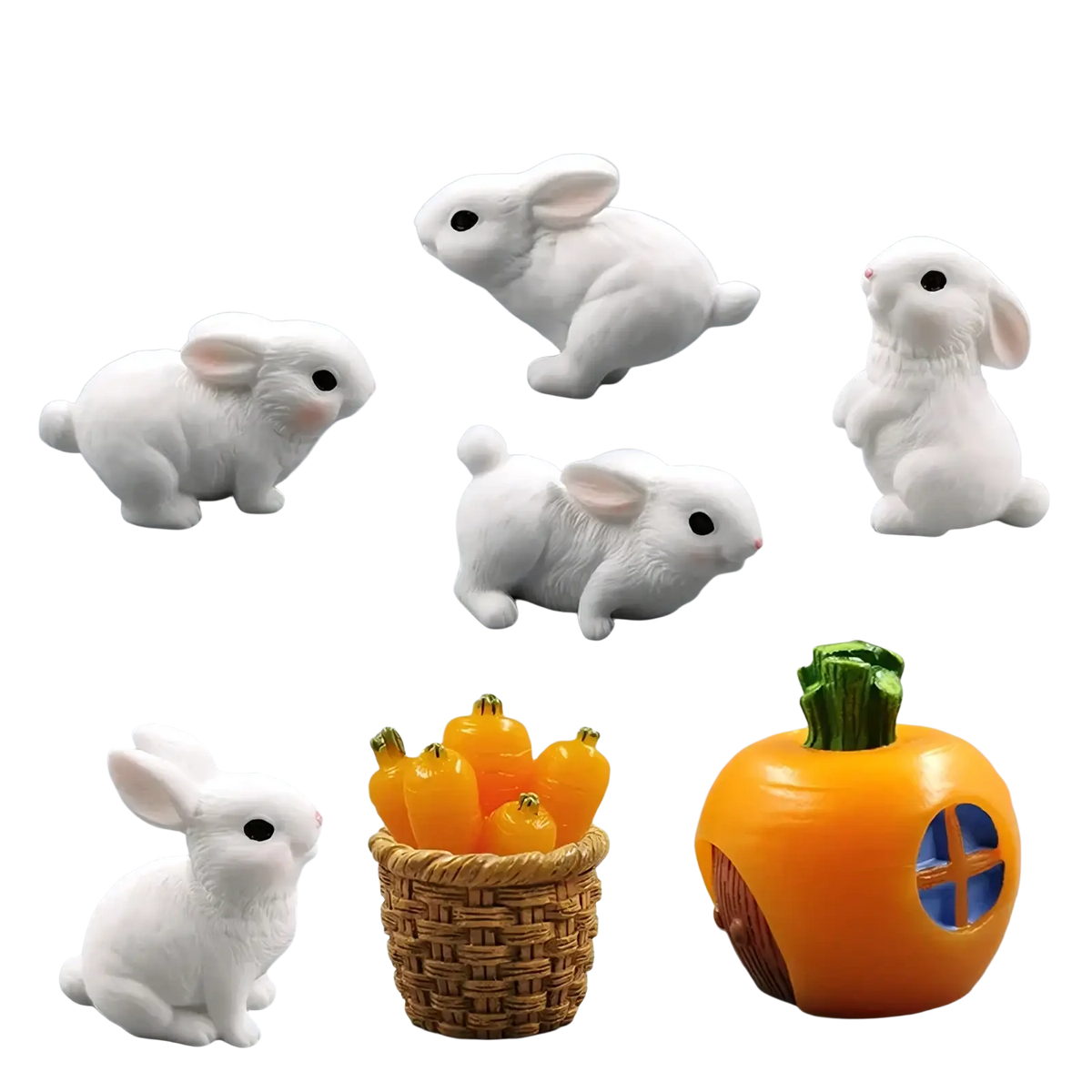 Set of eight white resin miniature rabbit figurines in various poses for fairy garden decor with baskets and pumpkin house