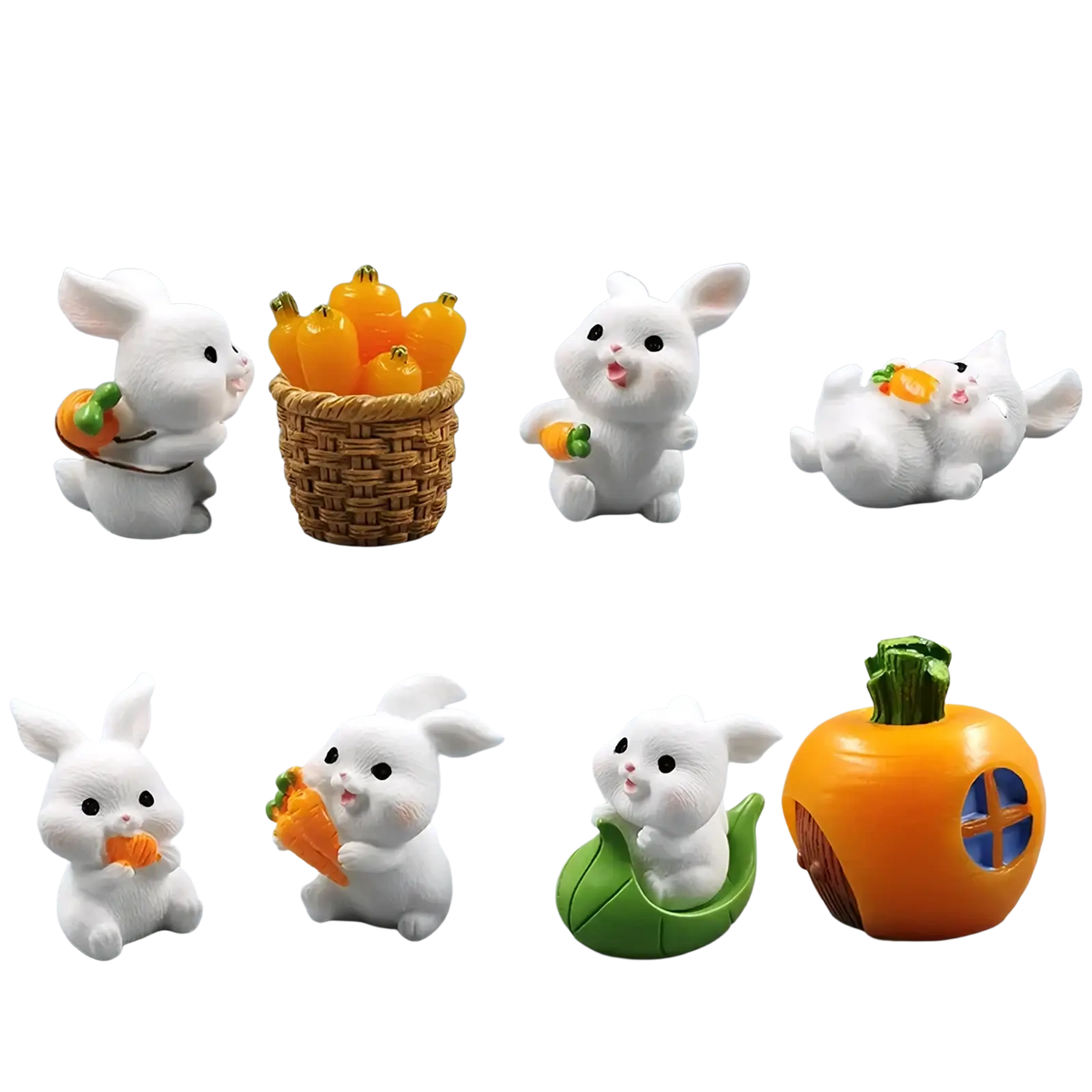 Set of ten white resin miniature rabbit figurines with carrots woven basket and orange pumpkin house for fairy garden decor