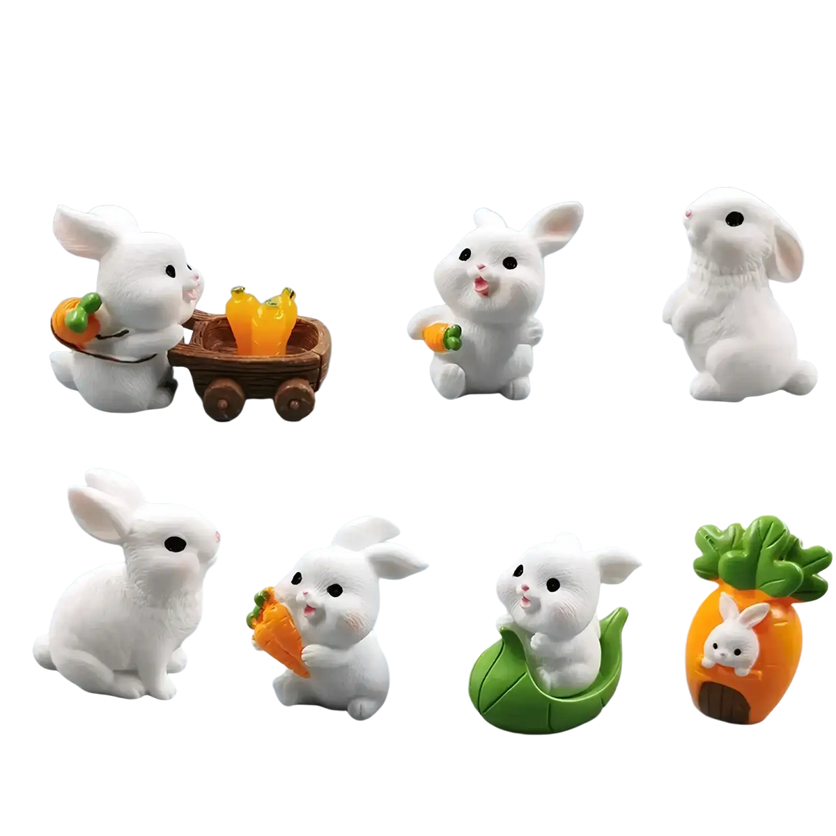 Set of ten white resin miniature rabbit figurines in cute poses perfect for fairy garden decor and garden decor