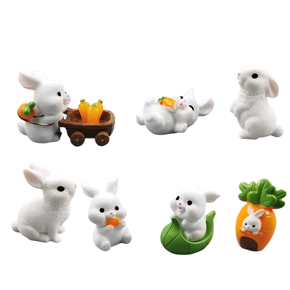 White resin miniature rabbit figurine set featuring various cute poses for fairy garden decor and collection