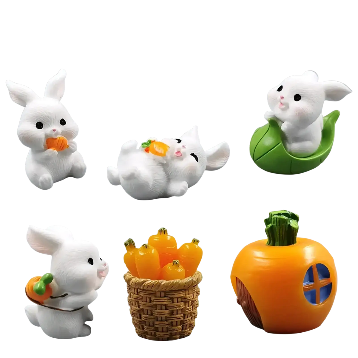 Miniature white resin rabbit figurine set with black eyes pink noses holding orange carrots for fairy garden decor