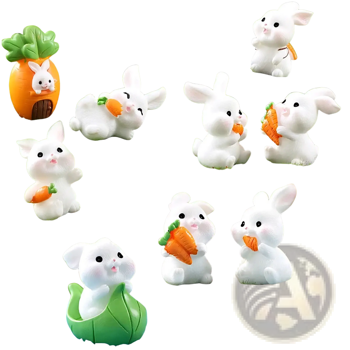 Miniature white ceramic rabbit figurine set with black eyes pink noses resin fairy garden decor holding carrots and sitting in leaf bowls
