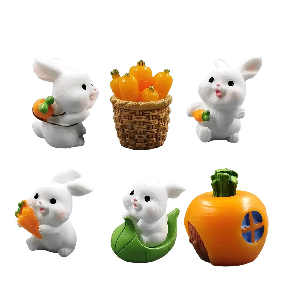 White ceramic miniature rabbit figurine set with black eyes and pink noses resin fairy garden decor in playful poses