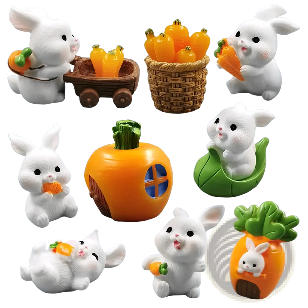 Miniature white ceramic rabbit figurine set with black eyes and pink cheeks in playful poses for fairy garden decor