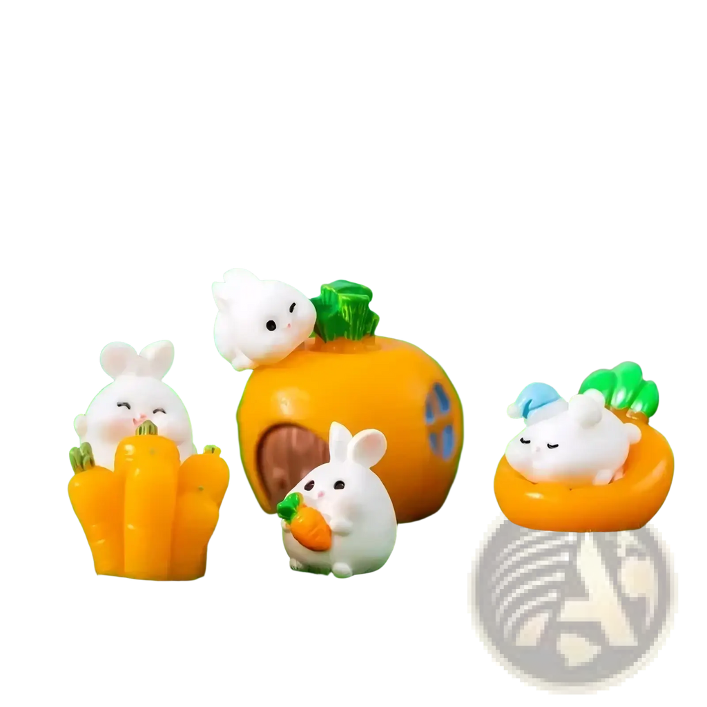 Miniature resin white rabbit figurines with black eyes and pink noses holding orange carrots for fairy garden decor