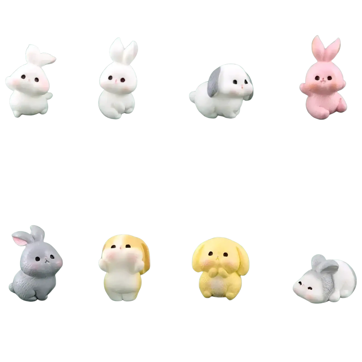 Miniature resin rabbit figurines in soft pastel matte plastic with oversized eyes for fairy garden decor