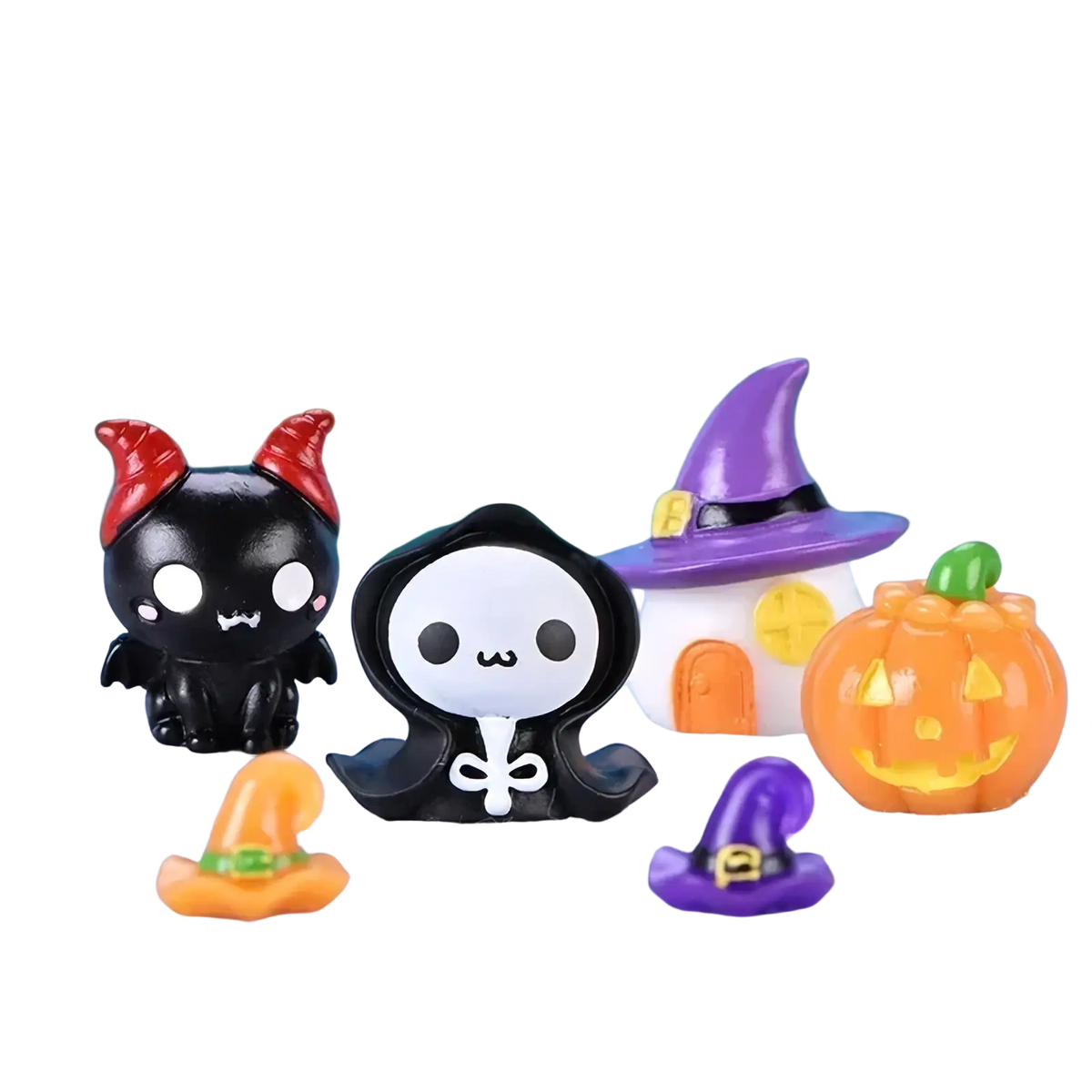 Black and white cartoonish skeleton resin figurine with cape and bow tie for miniature fairy garden decor
