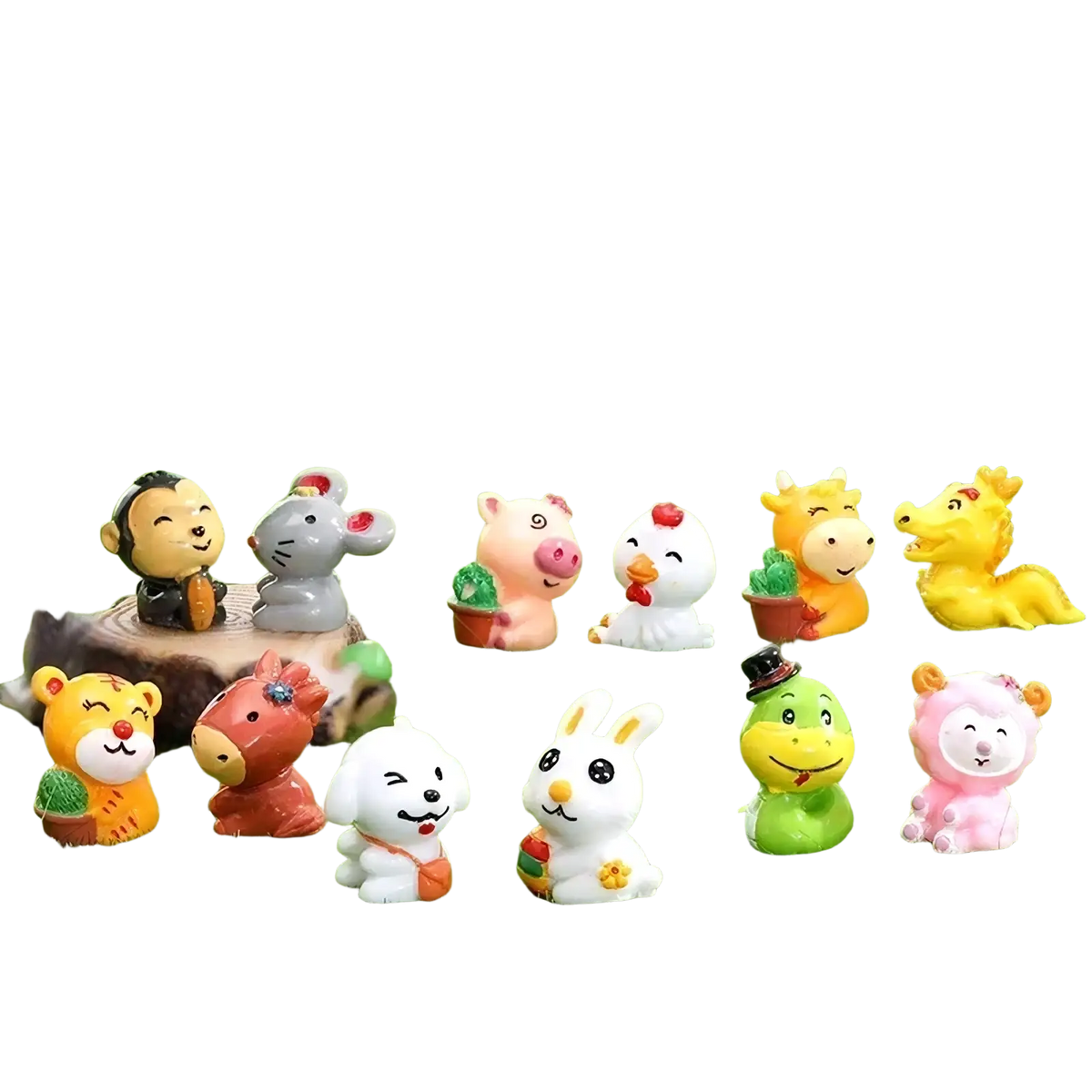 A collection of colorful glossy resin animal figurines including rabbits monkeys pigs and chickens for fairy garden decor