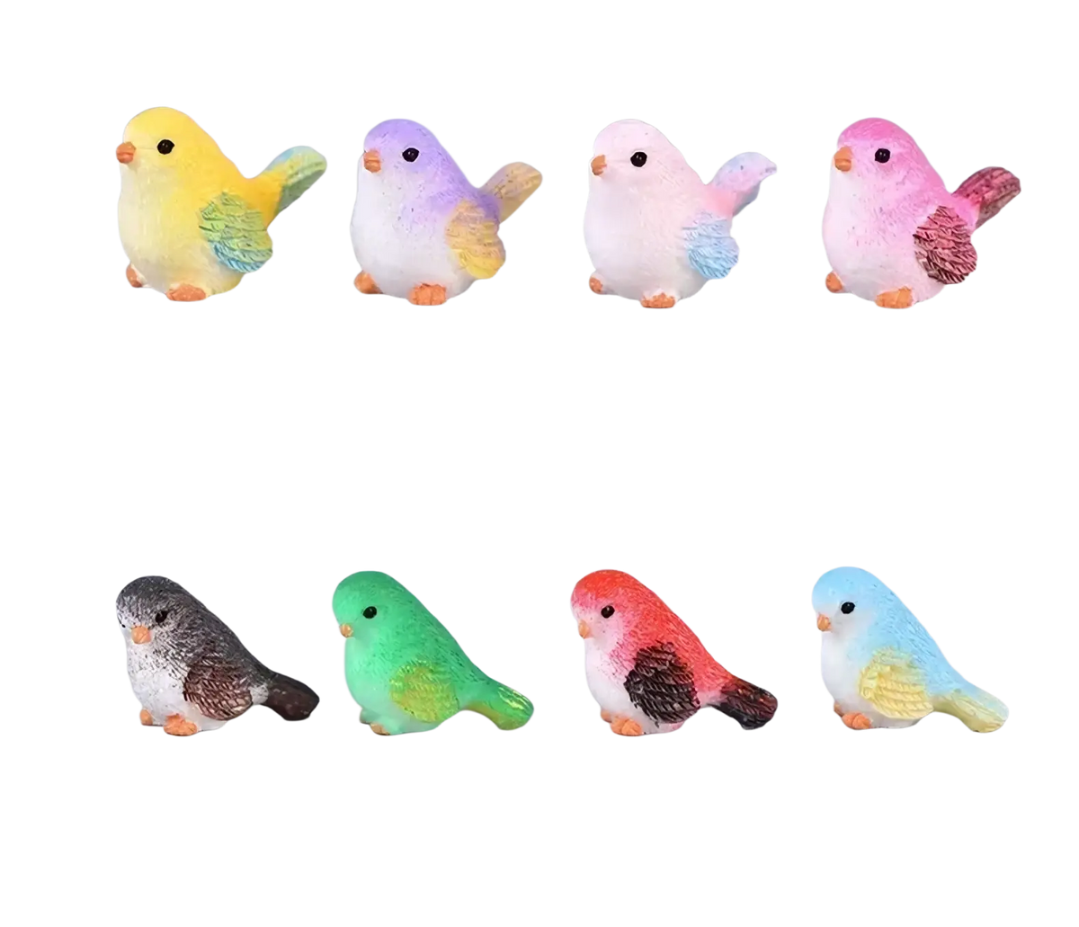 A collection of colorful miniature resin bird figurines with painted feathers and orange beaks for fairy garden decor