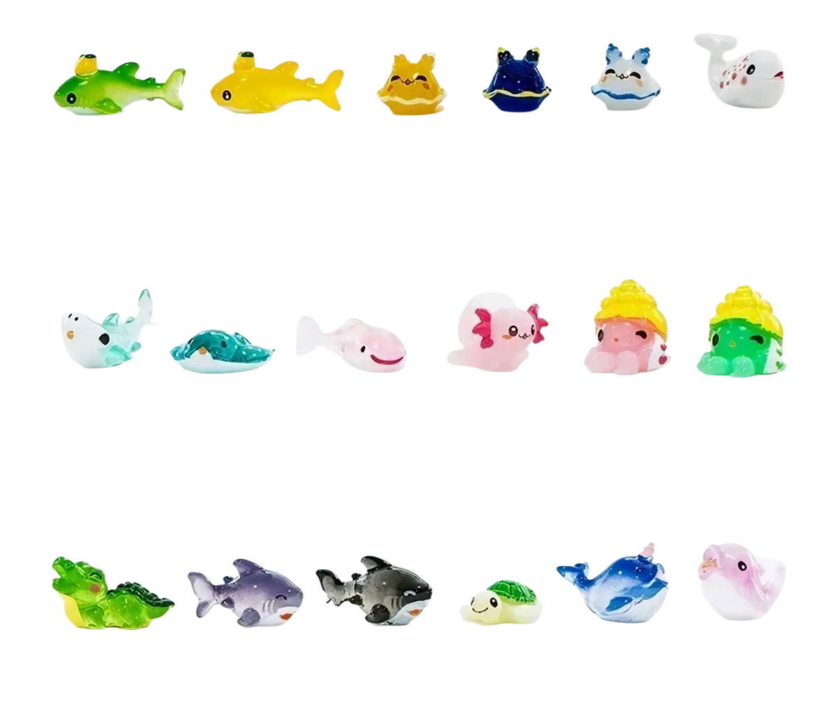 A collection of colorful glossy miniature resin rabbit figurines and cute sea creature decor for fairy gardens