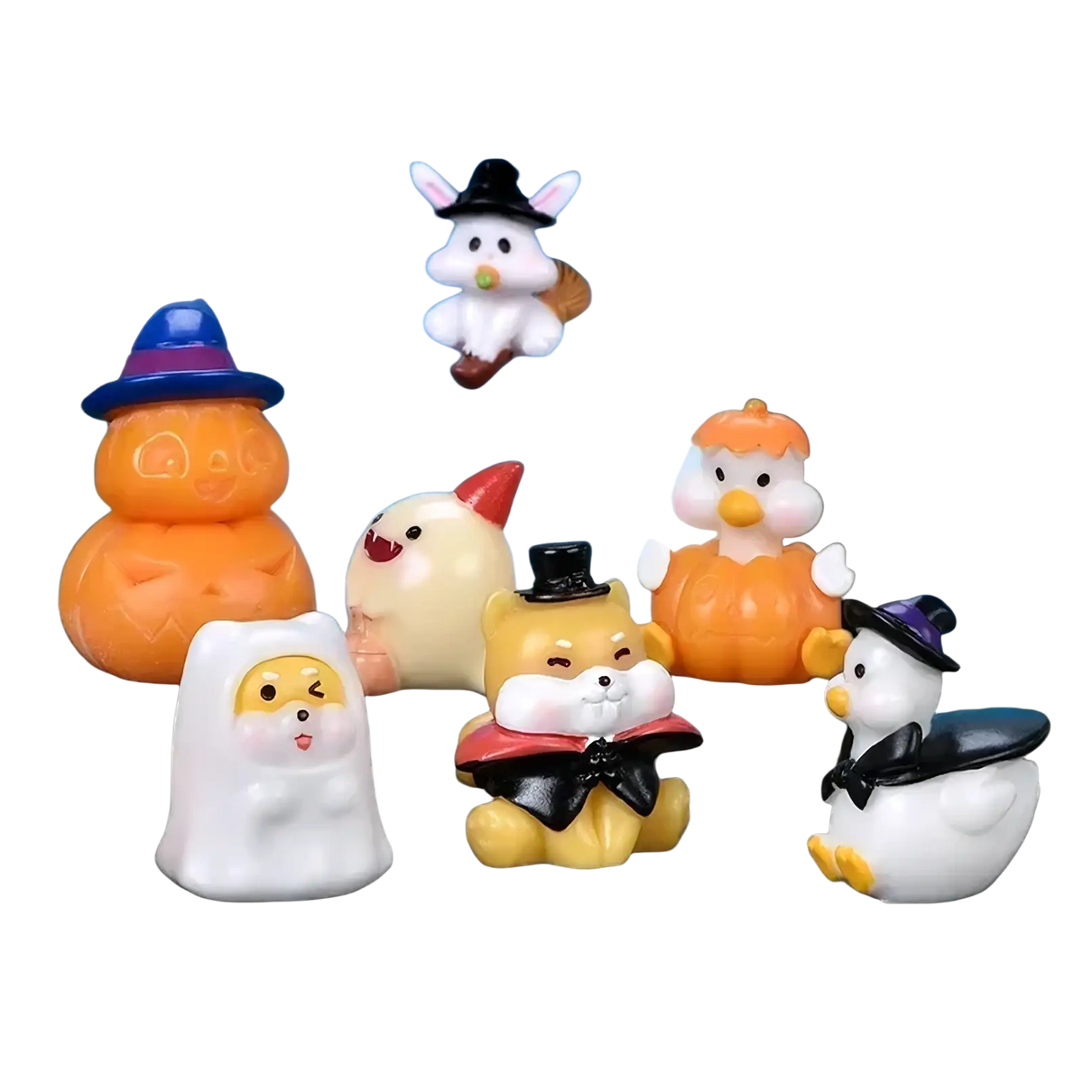 A collection of glossy plastic miniature resin rabbit figurines in halloween animal costumes for fairy garden decor