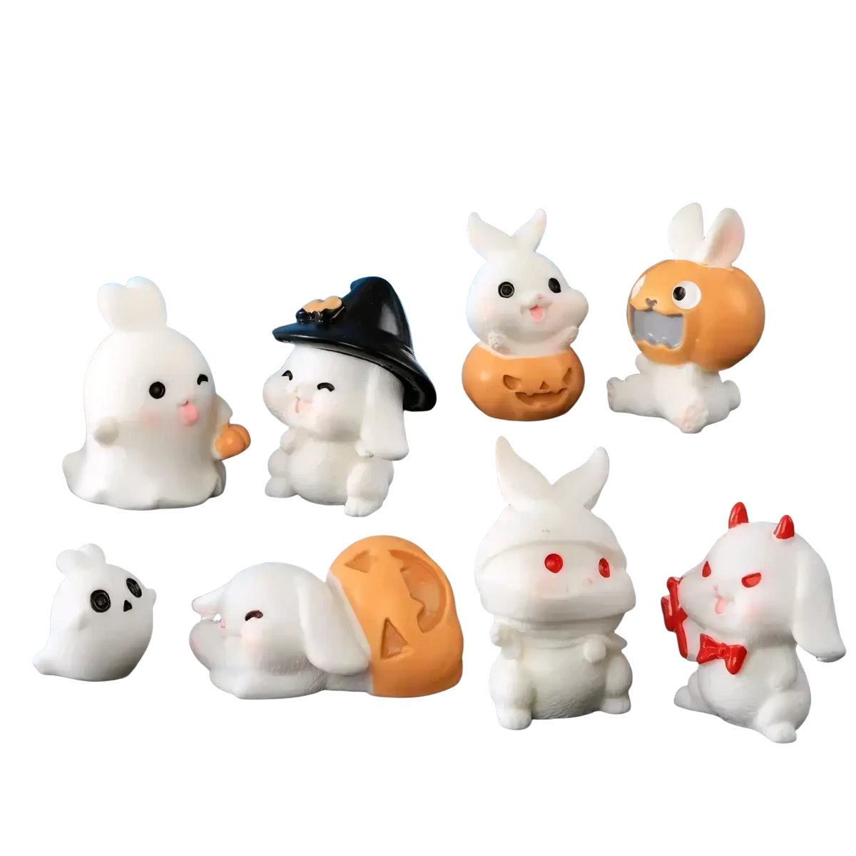 Miniature resin white rabbit figurines dressed in halloween costumes for fairy garden decor
